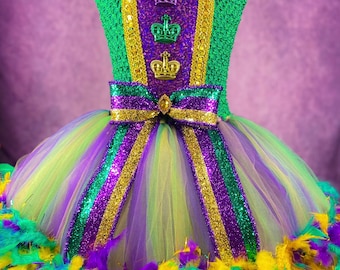 Adult Mardi Gras Fleur De Lis Feather Dress: Masquerade Costume, Parade Outfit