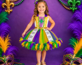 Mardi Gras Fleur De Lis Feather Costume Dress