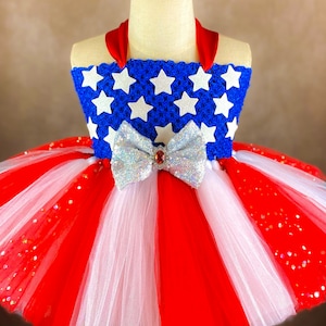 4th of July American Firecracker Firework USA Princess Star Patriotic Pageant Recital Red White and Blue Old Glory Costume Dress (Adult)