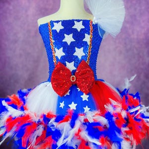 One Sleeve American Princess USA Patriotic Red White and Blue Recital Pageant Old Glory Stars and Stripes Feather 4th of July Dress