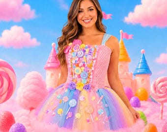 Puede incluir: Un vestido sin mangas con un corpiño de ganchillo rosa adornado con varios adornos coloridos de temática de dulces y una falda de tul arcoíris de varias capas decorada con pequeños detalles de piruletas y dulces, con un dobladillo de plumas rosa.