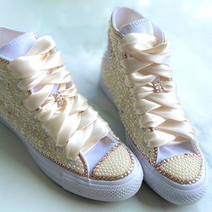 Bridal Champagne Ivory Cream Bone Converse Rhinestone Pearl Bride Flower Girl Wedding Christening Pageant Birthday Bling Shoes (Adult)