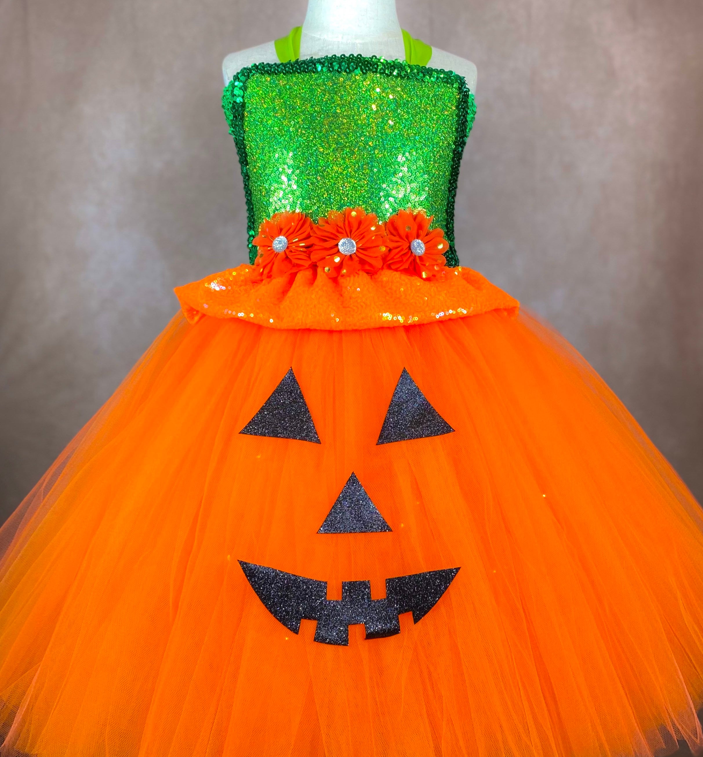 Costume D'Halloween Fille Citrouille - Robe En Tulle Orange Avec Bandeau Et Sac à Bonbons - 3 Pièces - 11