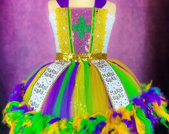 Mardi Gras Fleur De Lis Masquerade Mask Crown Parade Pageant Party Dance Recital Costume Feather Dress