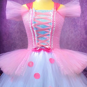 May include: A light blue and pink tulle tutu dress with a pink bodice and a white lace trim. The bodice has a pink ribbon crisscross design.