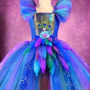 Blue Purple Peacock Flower Girl Pageant Halloween Party Costume Dance Recital Wedding Dress