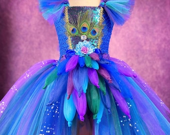 Blue Purple Peacock Flower Girl Pageant Halloween Party Costume Dance Recital Wedding Dress