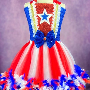 4th of July American Firecracker Firework USA Princess Star Patriotic Pageant Recital Red White and Blue Old Glory Costume Dress (Adult)