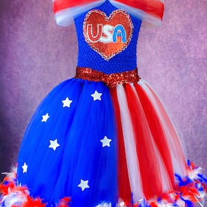 4th of July American Firecracker Firework USA Princess Star Patriotic Pageant Dance Recital Red White and Blue Feather Costume Dress (Adult)