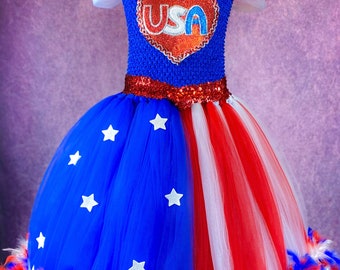 Adult Patriotic USA Feathered Costume Tutu Dress