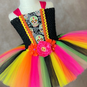Bright Day of the Dead Sugar Skull Skeleton Cinco De Mayo Mexican Heritage Halloween Costume Pageant Party Dance Recital Dress (Adult)