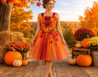 Adult Autumn Floral Fairy Costume Dress: Burgundy Orange Renaissance Pageant