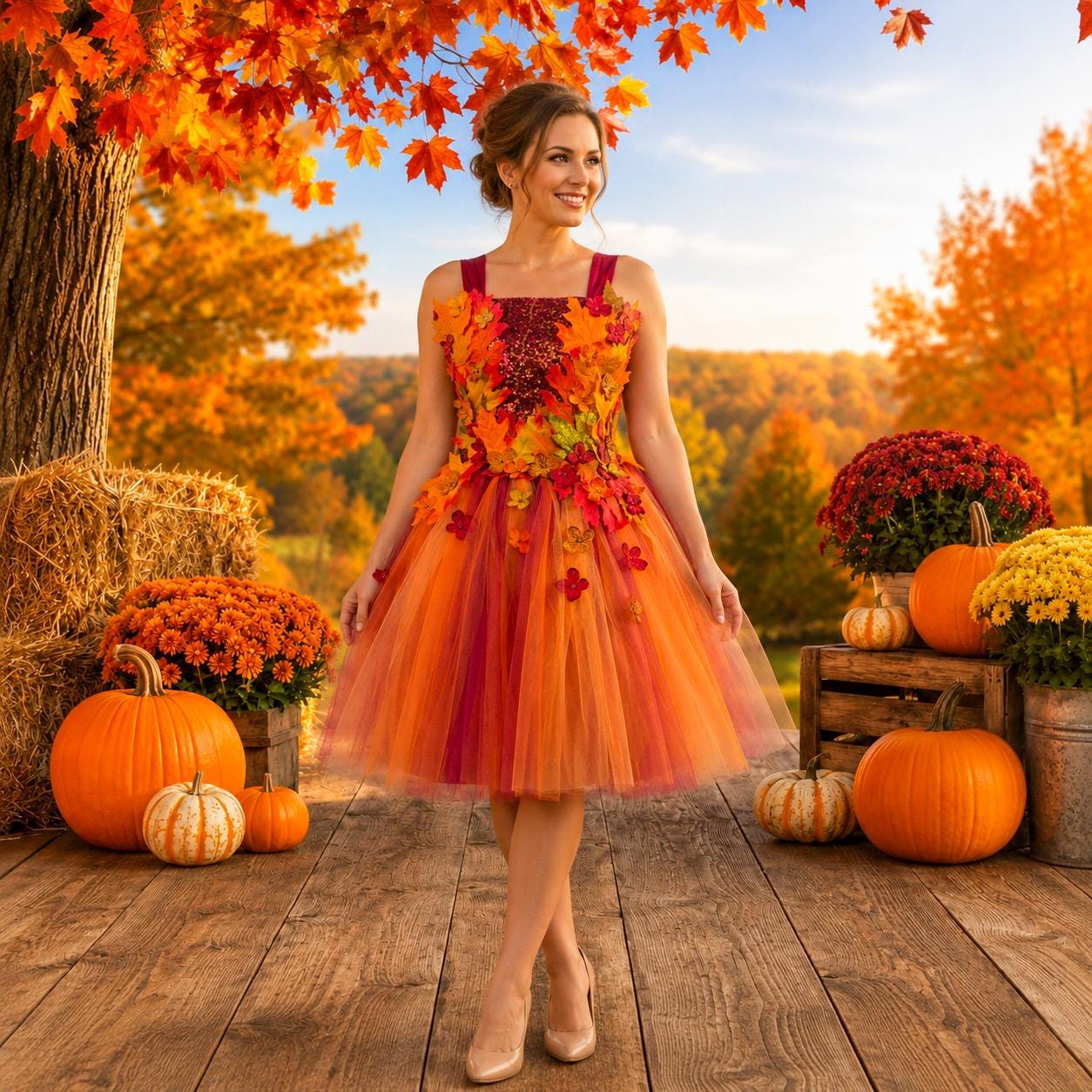 orange fairy dress Autumn Fairy Girl Dress With Tulle Skirt, Fall Leaves Costume, Orange Yellow Red Gown for Thanksgiving, Halloween, Pageant Dress