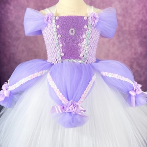 May include: A purple and white tulle tutu dress with a sequined bodice and a satin bow. The dress has a layered skirt with a white tulle base and a purple tulle overlay. The bodice is decorated with sequins, pearls, and a large rhinestone.