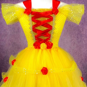 Belle Beauty & The Beast Red Rose Yellow Gold Princess Birthday Party Pageant Dance Recital Halloween Costume Character Dining Dress (Adult)