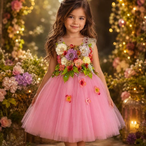 flower theme party dress Floral Dress Birthday Party, Tutu Flower Girl Dress, Tulle Dress 3D Flowers Lace, Pageant Toddler Dress, Princess Dress