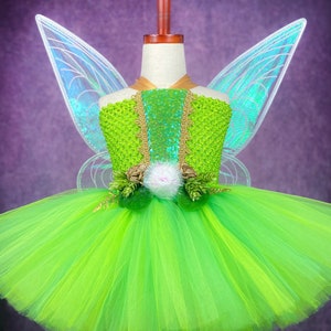 Tinkerbell Fairy Floral Pixie Fae Pageant Party Dance Recital Halloween Costume Dress & Wing Set