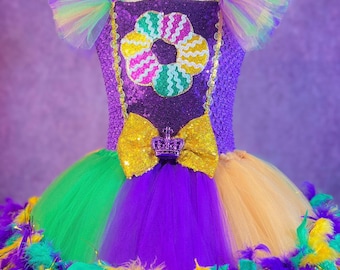 Adult Mardi Gras King Cake Dress: Fleur De Lis, Masquerade Mask, Feather Costume