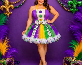 Adult Mardi Gras Feathered Halloween Costume Tutu Dress