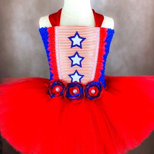 4th of July American Firecracker Firework USA Princess Star Patriotic Pageant Recital Red White and Blue Old Glory Costume Dress (Adult)