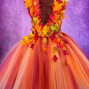 Autumn Floral Falling Leaves Fall Burgundy Orange Whimsical Renaissance Fae Fairy Birthday Party Pageant Costume Dress (Adult)