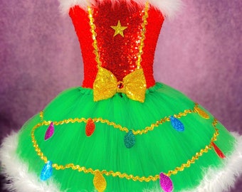 Festive Holiday Light Christmas Tree Santa Fur Pageant Dance Recital Costume Dress