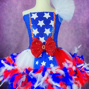 One Sleeve American Princess USA Patriotic Red White and Blue Recital Pageant Old Glory Stars and Stripes Feather 4th of July Dress (Adult)