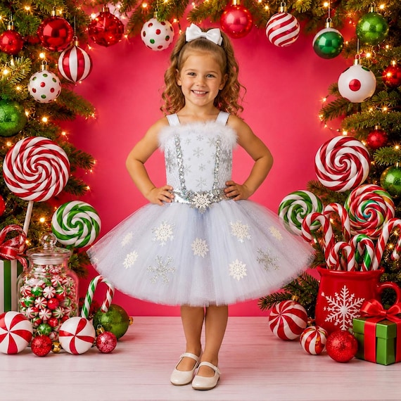 christmas fancy dress party Snow Queen Snowflake Frozen White Silver Holiday Costume Pageant Dance Recital and a long