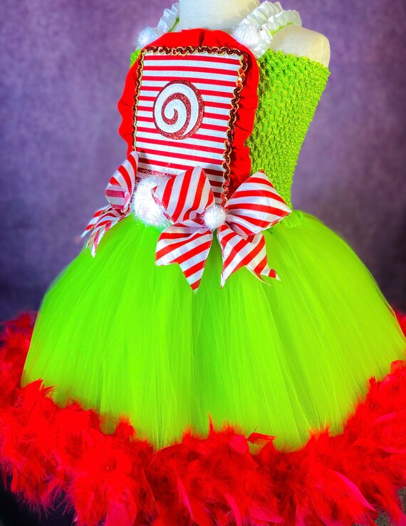 Christmas Peppermint Red White Green Feathered Holiday Birthday Party Pageant Dance Recital Costume Dress