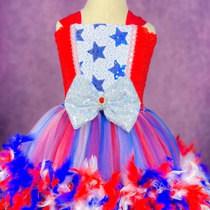4th of July American Firecracker Firework USA Princess Star Patriotic Pageant Recital Red White and Blue Old Glory Costume Dress (Adult)