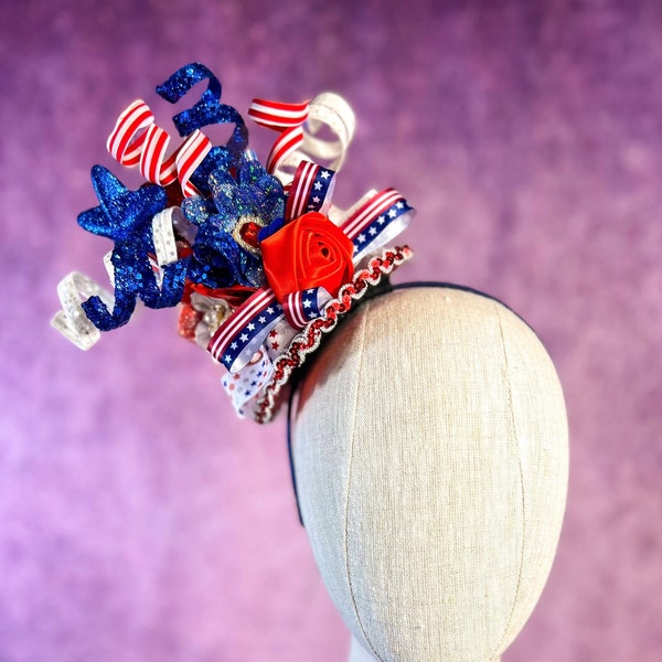 American USA Patriotic American Princess Pageant Fascinator Mini Hat Headband