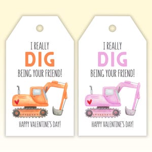 Etiqueta de presente de dia dos namorados para impressão I Dig You, etiqueta de presente I Real Dig Being Your Friend, troca de presentes de dia dos namorados para crianças em idade pré-escolar, laranja e rosa