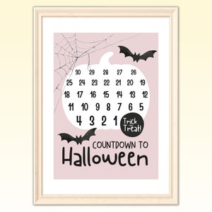 Puede incluir: Un calendario de cuenta atrás de Halloween imprimible rosa con forma de calabaza blanca y murciélagos negros. Los números del 30 al 1 se muestran en un círculo alrededor de la calabaza. El texto "Trick Treat!" y "COUNTDOWN TO HALLOWEEN" también están incluidos.