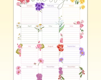 Calendario de cumpleaños imprimible, calendario floral del mes de nacimiento, recordatorio de cumpleaños, programador de eventos anuales