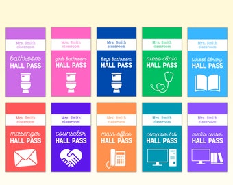 Printable Hall Passes, Editable Set of 10 Personalized Teacher Hall Pass, Elementary, Middle, and High School, DIY Laminated Vertical Badges