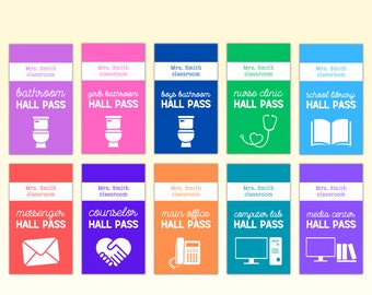 Printable Hall Passes, Editable Set of 10 Personalized Teacher Hall Pass, Elementary, Middle, and High School, DIY Laminated Vertical Badges