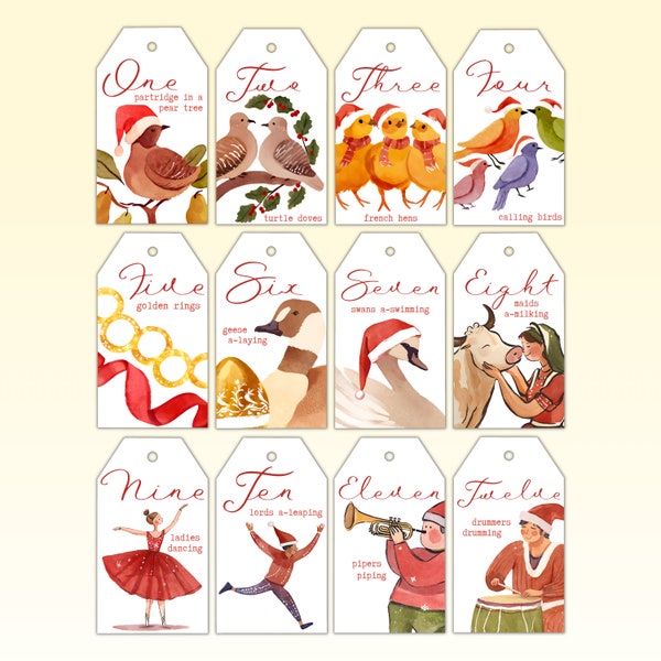 12 Days Of Christmas Printable Gift Tags, Twelve Days Of Christmas Colorful & Classic Gift Tags, Red Green and Gold Christmas Present Tags