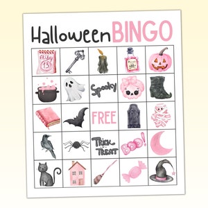 Pink Halloween Bingo Printable, 50 Bingo Cards, Pink Baby Shower and Bridal Shower Games, Girly Halloween Party
