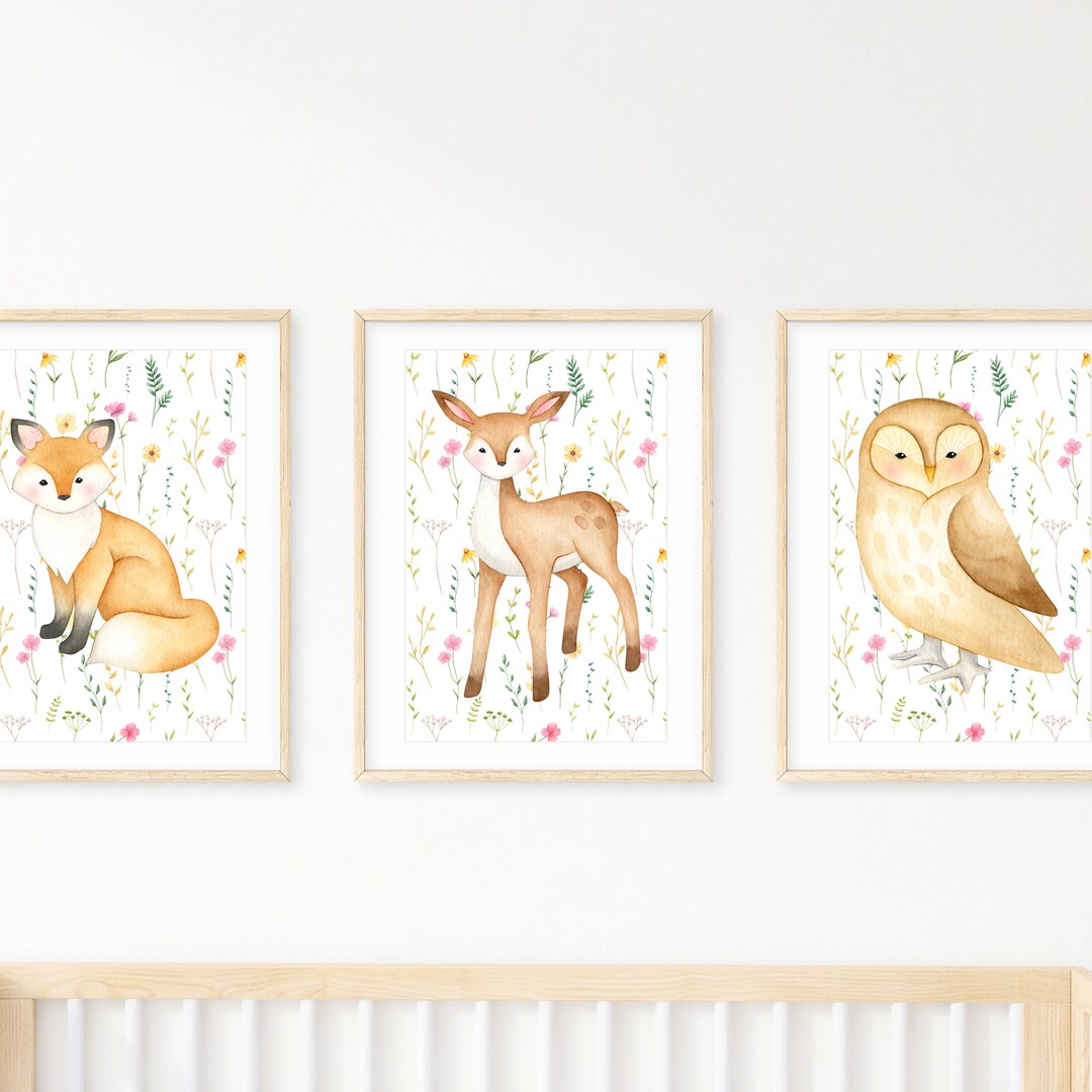Woodland Girl Nursery Printable Wall Art, Set of 3 Forest Animals Baby ...