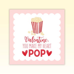 Popcorn Valentines Day Gift Tag Printable, You Make My Heart Pop Gift Label, Preschool Valentine Gift Exchange For Kids and Teachers