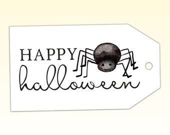 Printable Happy Halloween Spider Gift Tag, Black And White, School Halloween Party Favor Label For Kids, Teacher Halloween Gift To Students
