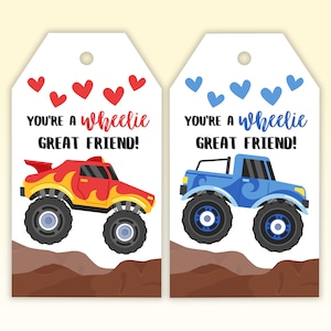 Etiqueta de presente para impressão do Dia dos Namorados do Monster Truck, você é Wheelie, grande amigo, etiqueta de sacola de brindes pré-escolar, lembrancinha de festa dos namorados do jardim de infância