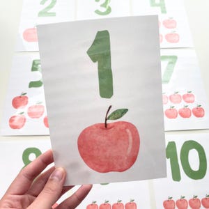 Zahlen Karteikarten zum Ausdrucken, Zählen 1-10 Karteikarten Apfel Thema, Vorschulvorbereitungen PreK Lernkarten, DIY Montessori Homeschool Ressourcen