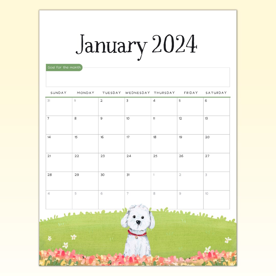 Printable Dog Calendar 2024, Puppy & Flowers Themed Calendar for Adults