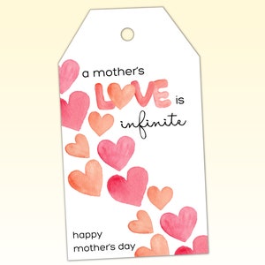 Moederdag cadeau tag afdrukbaar, Happy Mothers Day Card, cadeau tag met harten, thuis afdrukken, van en naar tag, PDF, moeders liefde is oneindig