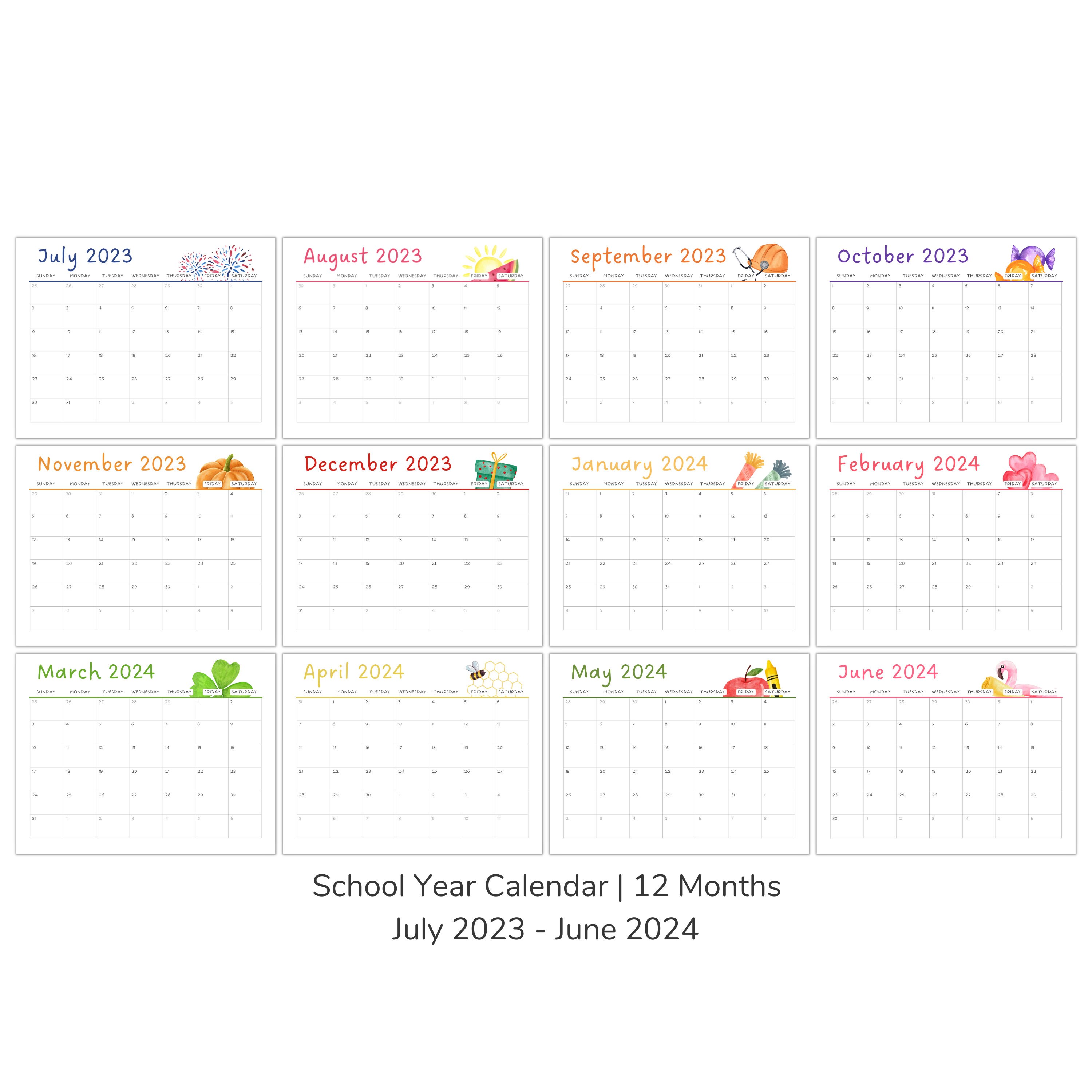 Printable Teacher Calendar, 20232024 Academic Wall Calendar, 12 Month