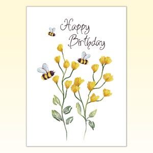Cartão de feliz aniversário de abelha e flores para impressão, cartão de felicitações 5x7, impressão de última hora em casa, cartão de aniversário