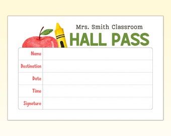 Printable Hall Pass Notepad, Personalized Teacher Hall Pass Note Pad, Editable Hall Pass for Elementary, Middle, and High School Students
