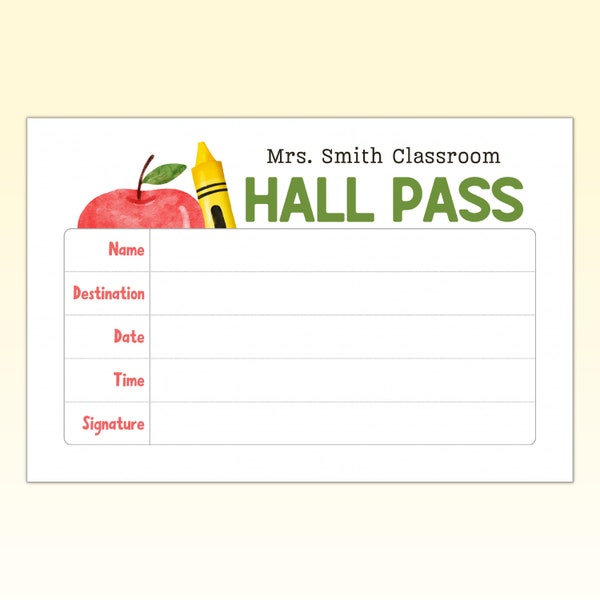 Printable Hall Pass Notepad, Personalized Teacher Hall Pass Note Pad, Editable Hall Pass for Elementary, Middle, and High School Students