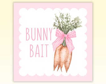 Bunny Bait Easter-cadeaulabel afdrukbaar, paaswortel met roze gingangcoquette strik goodiebaglabel voor peutervrienden Cadeauruil